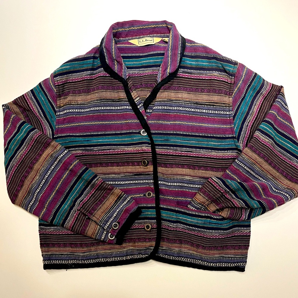 Vintage 80s LL Bean Aztec Print Cardigan Cropped Style Petite Medium
